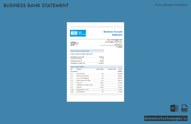 Bosna Bank Firmenkontoauszug – Beispielansicht im Word- und PDF-Format